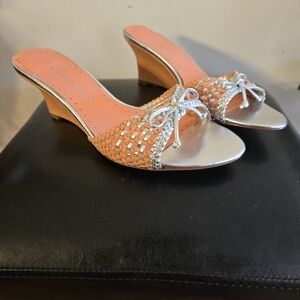 cloudwalkers Coral Woven Bow Slip-On Wedges with Silver Accents